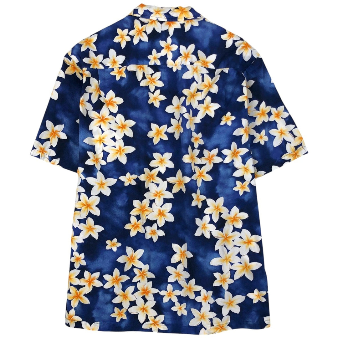 Royal Hawaiian Creations all-over floral print open-collar Hawaiian Aloha shirt, boxy style, made in Hawaii, men's size M. cotton navy blue type Vintage Second Hand
