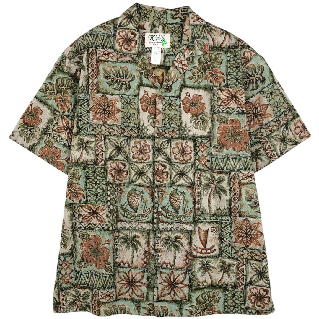 KY'S All-over print open-collar Hawaiian Aloha shirt, boxy style, made in Hawaii, men's size L equivalent, vintage. cotton Khaki type Vintage Second Hand