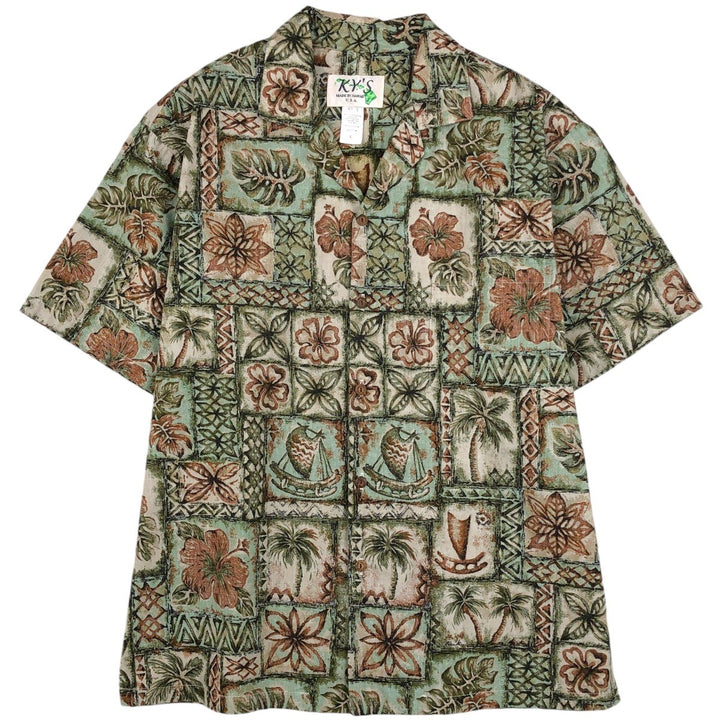 KY'S All-over print open-collar Hawaiian Aloha shirt, boxy style, made in Hawaii, men's size L equivalent, vintage. cotton Khaki type Vintage Second Hand