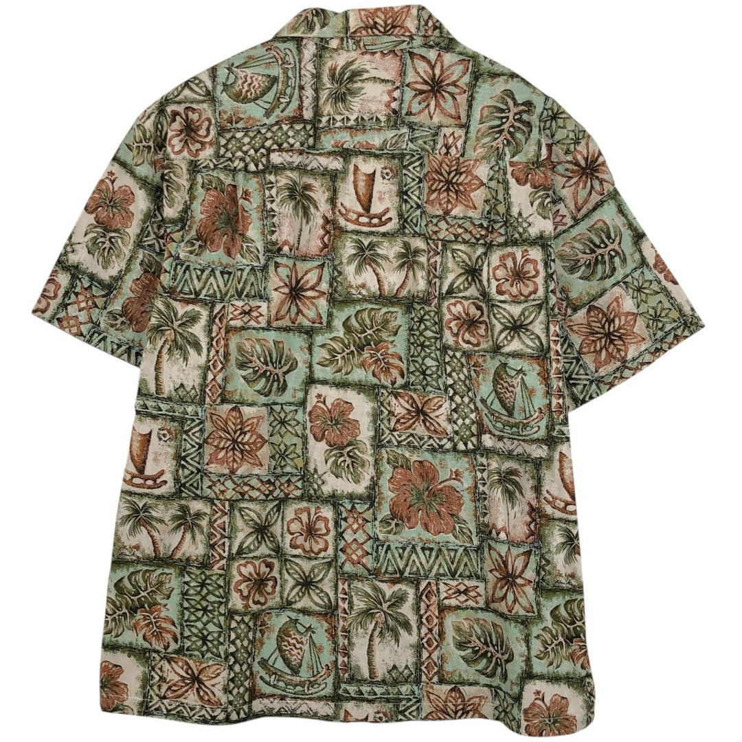 KY'S All-over print open-collar Hawaiian Aloha shirt, boxy style, made in Hawaii, men's size L equivalent, vintage. cotton Khaki type Vintage Second Hand
