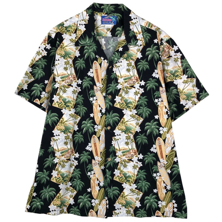 Rainbow all-over palm tree print open collar Hawaiian aloha shirt, boxy shirt, made in Hawaii, men's size XL equivalent, vintage. cotton black type Vintage Second Hand