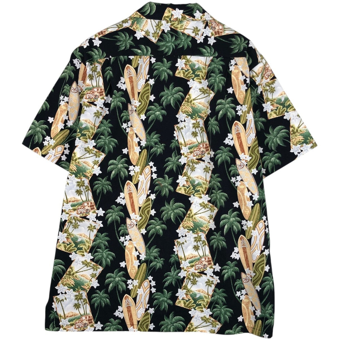 Rainbow all-over palm tree print open collar Hawaiian aloha shirt, boxy shirt, made in Hawaii, men's size XL equivalent, vintage. cotton black type Vintage Second Hand