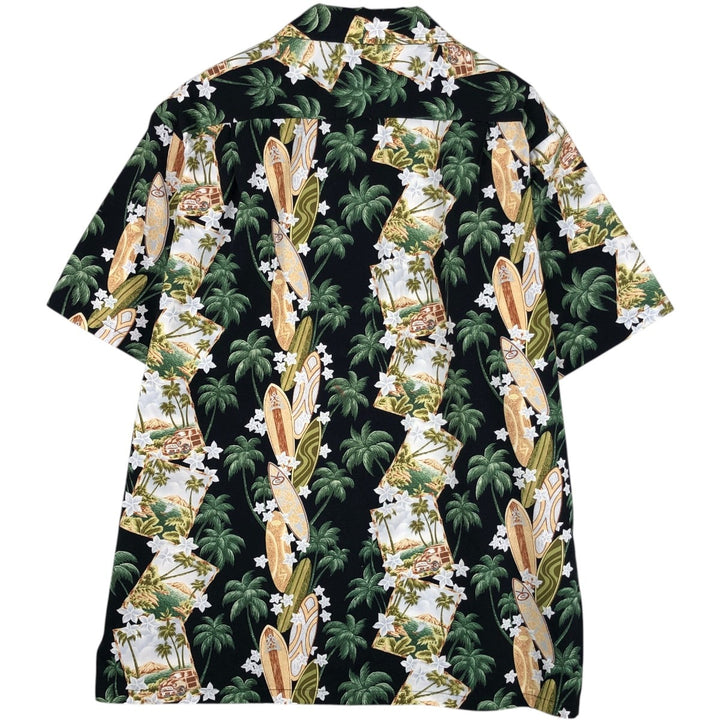 Rainbow all-over palm tree print open collar Hawaiian aloha shirt, boxy shirt, made in Hawaii, men's size XL equivalent, vintage. cotton black type Vintage Second Hand