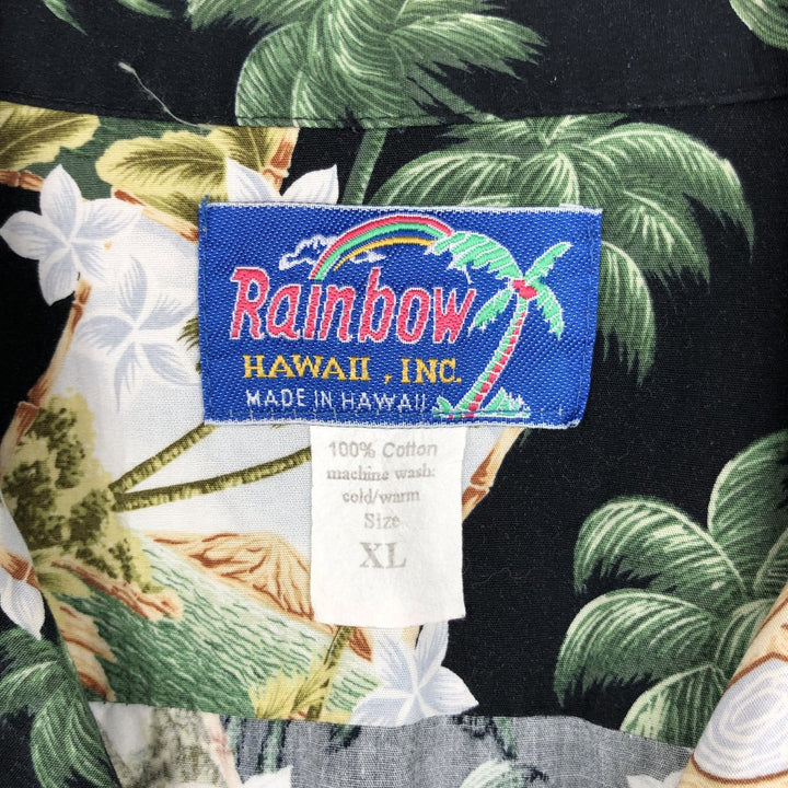 Rainbow all-over palm tree print open collar Hawaiian aloha shirt, boxy shirt, made in Hawaii, men's size XL equivalent, vintage. cotton black type Vintage Second Hand