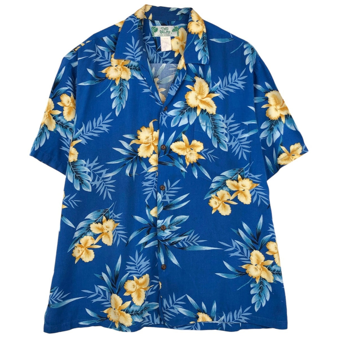 TWO PALMS All-over Floral Print Open Collar Rayon Hawaiian Aloha Shirt Box Shirt Made in Hawaii Men's Size L Rayon blue type Vintage Second Hand
