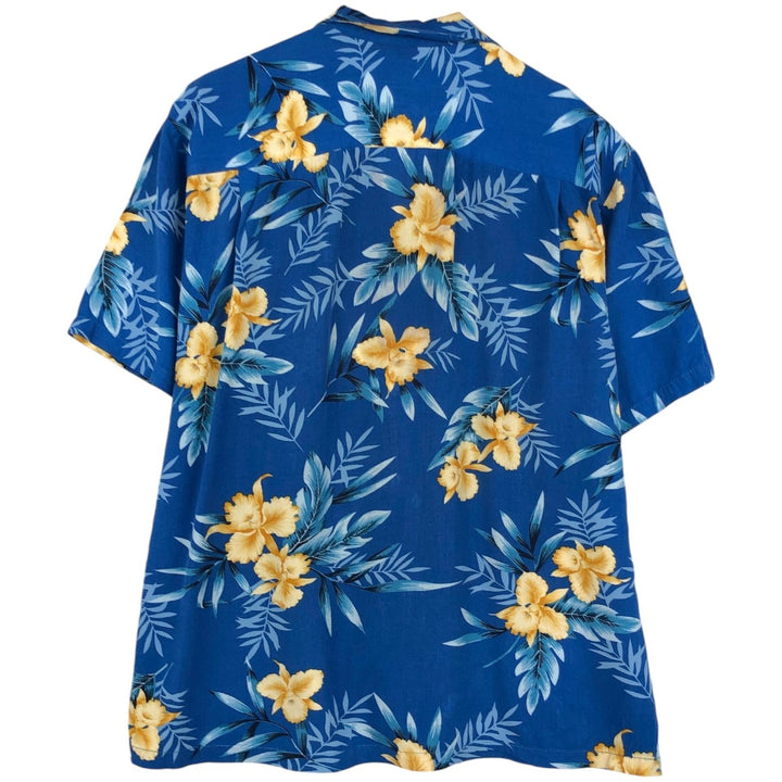 TWO PALMS All-over Floral Print Open Collar Rayon Hawaiian Aloha Shirt Box Shirt Made in Hawaii Men's Size L Rayon blue type Vintage Second Hand