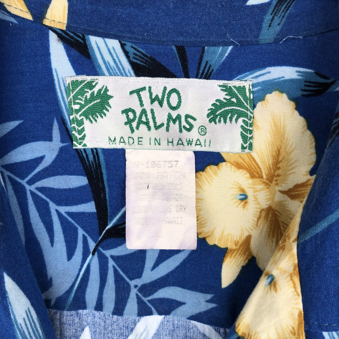 TWO PALMS All-over Floral Print Open Collar Rayon Hawaiian Aloha Shirt Box Shirt Made in Hawaii Men's Size L Rayon blue type Vintage Second Hand