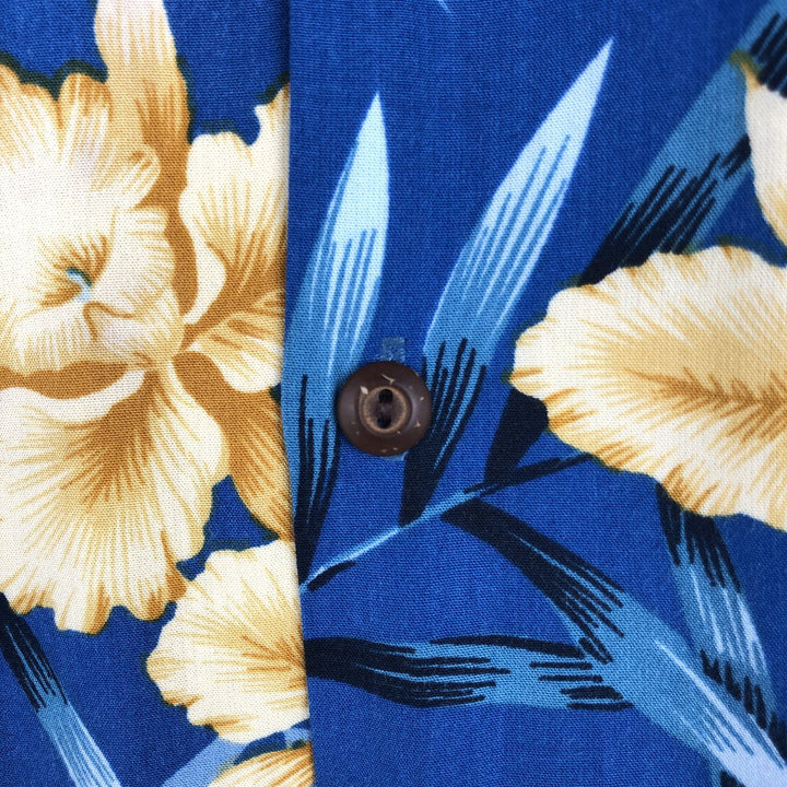 TWO PALMS All-over Floral Print Open Collar Rayon Hawaiian Aloha Shirt Box Shirt Made in Hawaii Men's Size L Rayon blue type Vintage Second Hand