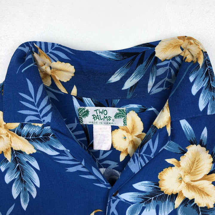 TWO PALMS All-over Floral Print Open Collar Rayon Hawaiian Aloha Shirt Box Shirt Made in Hawaii Men's Size L Rayon blue type Vintage Second Hand
