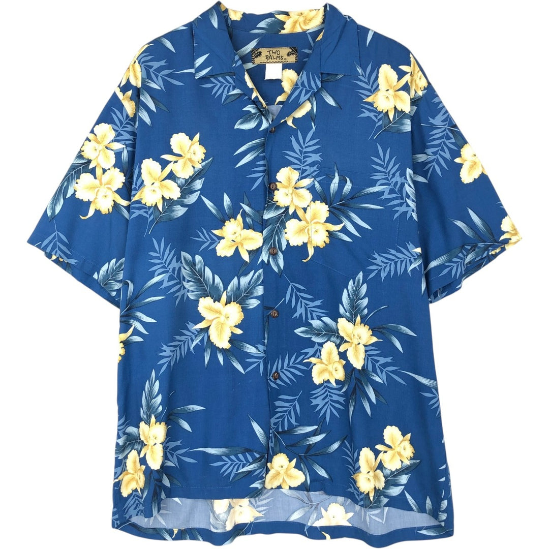 TWO PALMS All-over Floral Print Open Collar Rayon Hawaiian Aloha Shirt Box Shirt Made in Hawaii Men's Size L Rayon blue type Vintage Second Hand