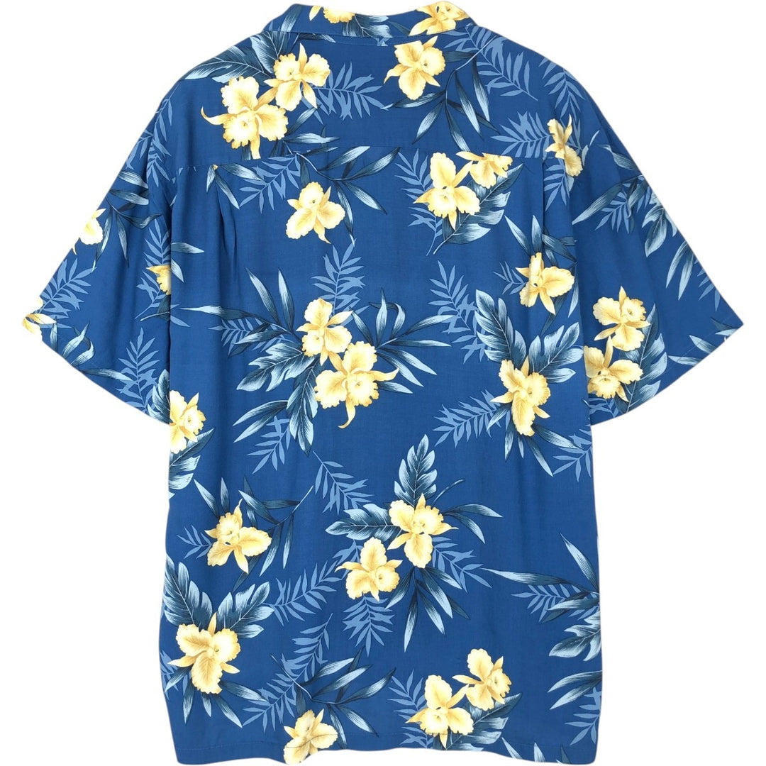 TWO PALMS All-over Floral Print Open Collar Rayon Hawaiian Aloha Shirt Box Shirt Made in Hawaii Men's Size L Rayon blue type Vintage Second Hand