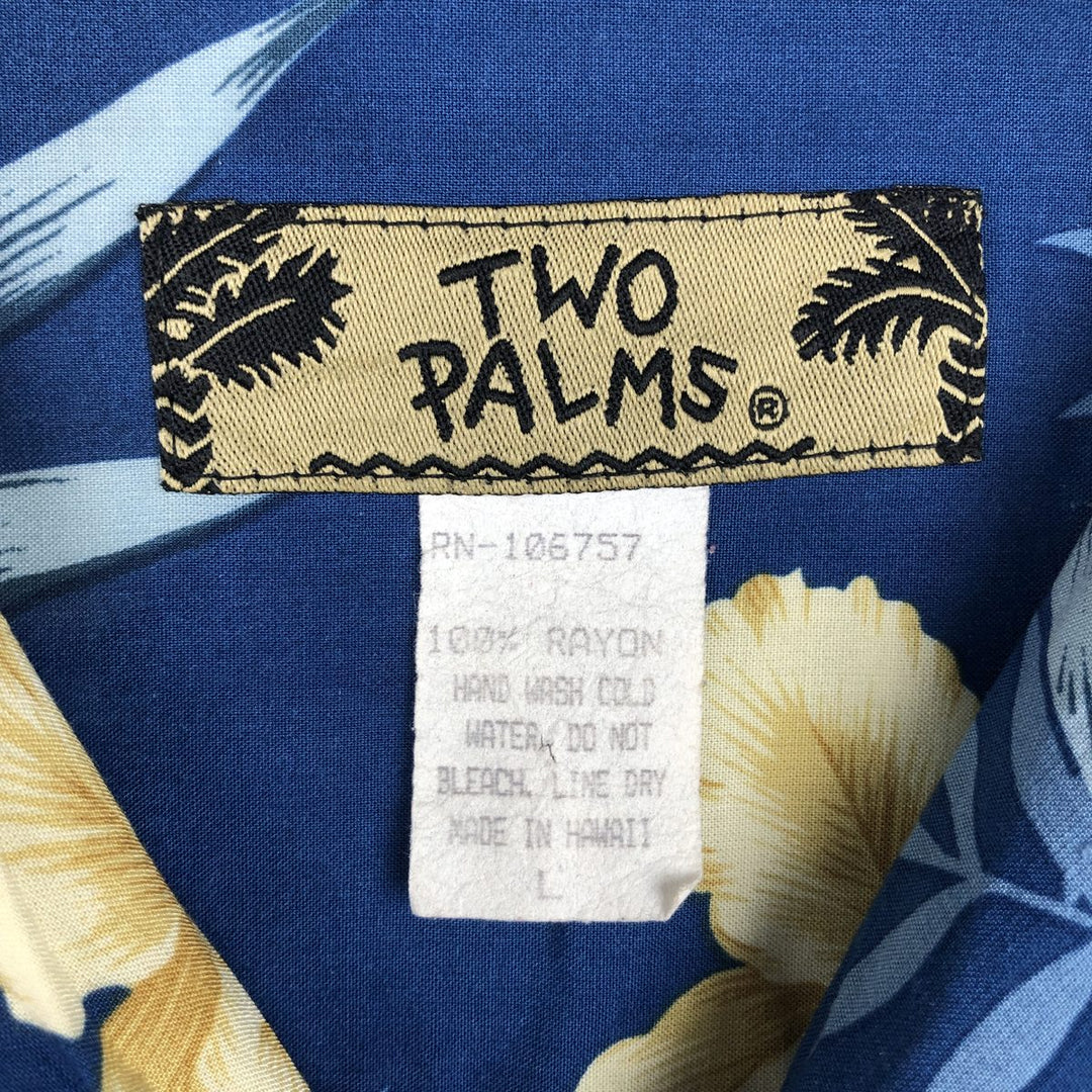 TWO PALMS All-over Floral Print Open Collar Rayon Hawaiian Aloha Shirt Box Shirt Made in Hawaii Men's Size L Rayon blue type Vintage Second Hand