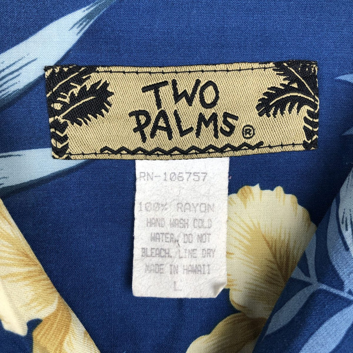 TWO PALMS All-over Floral Print Open Collar Rayon Hawaiian Aloha Shirt Box Shirt Made in Hawaii Men's Size L Rayon blue type Vintage Second Hand