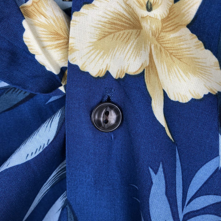TWO PALMS All-over Floral Print Open Collar Rayon Hawaiian Aloha Shirt Box Shirt Made in Hawaii Men's Size L Rayon blue type Vintage Second Hand