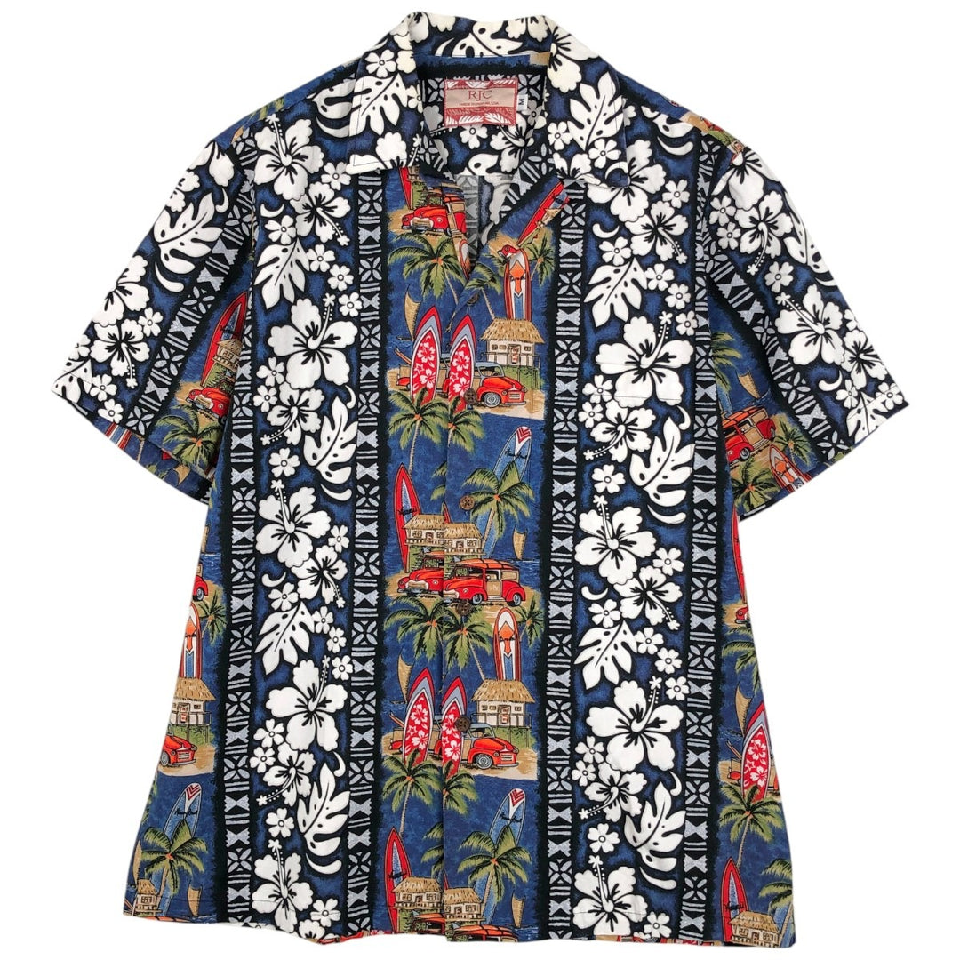 RJC All-over Hibiscus Pattern Open Collar Hawaiian Aloha Shirt, Boxy Shirt, Made in Hawaii, Men's Size M (Equivalent), Vintage cotton navy blue type Vintage Second Hand