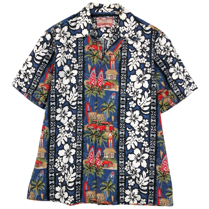 RJC All-over Hibiscus Pattern Open Collar Hawaiian Aloha Shirt, Boxy Shirt, Made in Hawaii, Men's Size M (Equivalent), Vintage cotton navy blue type Vintage Second Hand