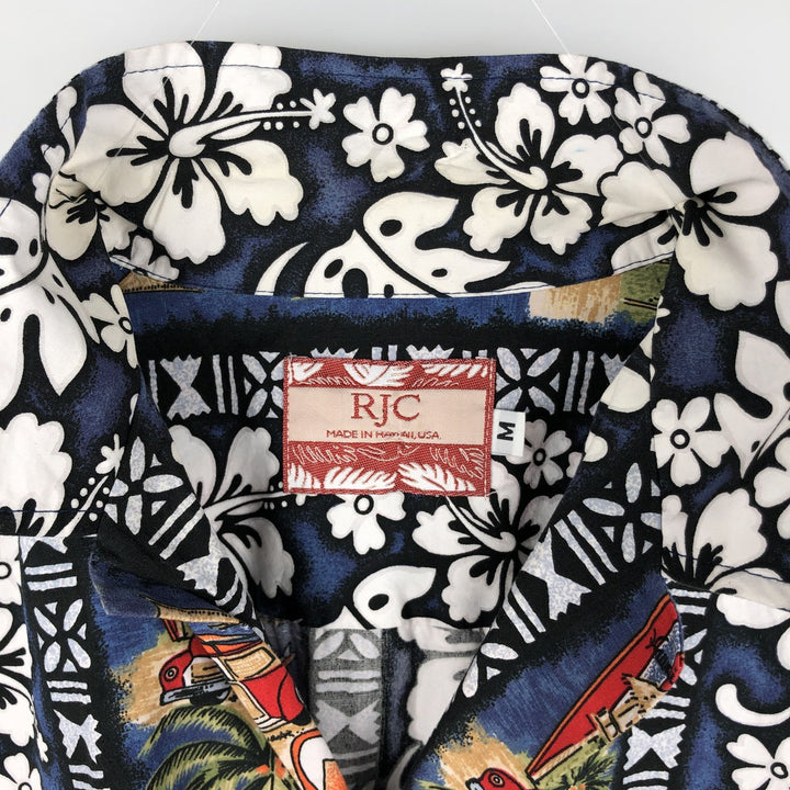 RJC All-over Hibiscus Pattern Open Collar Hawaiian Aloha Shirt, Boxy Shirt, Made in Hawaii, Men's Size M (Equivalent), Vintage cotton navy blue type Vintage Second Hand