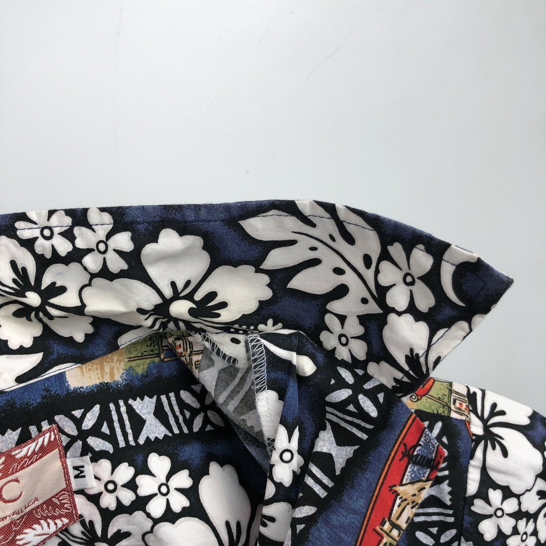 RJC All-over Hibiscus Pattern Open Collar Hawaiian Aloha Shirt, Boxy Shirt, Made in Hawaii, Men's Size M (Equivalent), Vintage cotton navy blue type Vintage Second Hand
