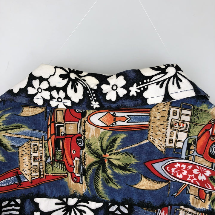 RJC All-over Hibiscus Pattern Open Collar Hawaiian Aloha Shirt, Boxy Shirt, Made in Hawaii, Men's Size M (Equivalent), Vintage cotton navy blue type Vintage Second Hand