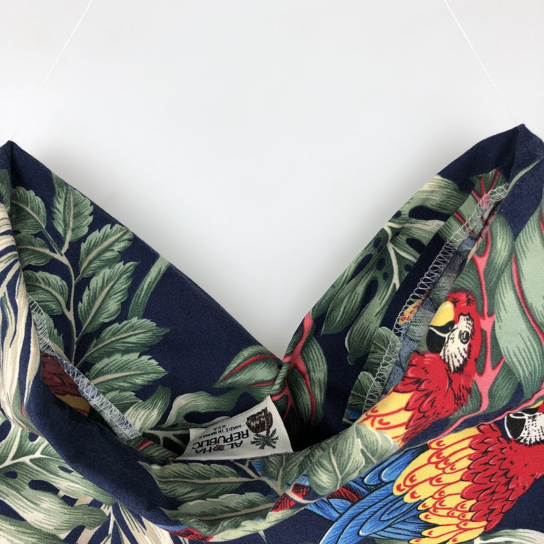 ALOHA REPUBLIC All-over Leaf Pattern Open Collar Hawaiian Aloha Shirt, Boxy Shirt, Made in Hawaii, Men's XL Equivalent cotton navy blue type Vintage Second Hand