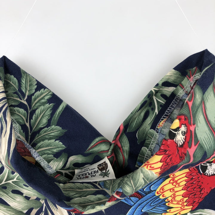 ALOHA REPUBLIC All-over Leaf Pattern Open Collar Hawaiian Aloha Shirt, Boxy Shirt, Made in Hawaii, Men's XL Equivalent cotton navy blue type Vintage Second Hand