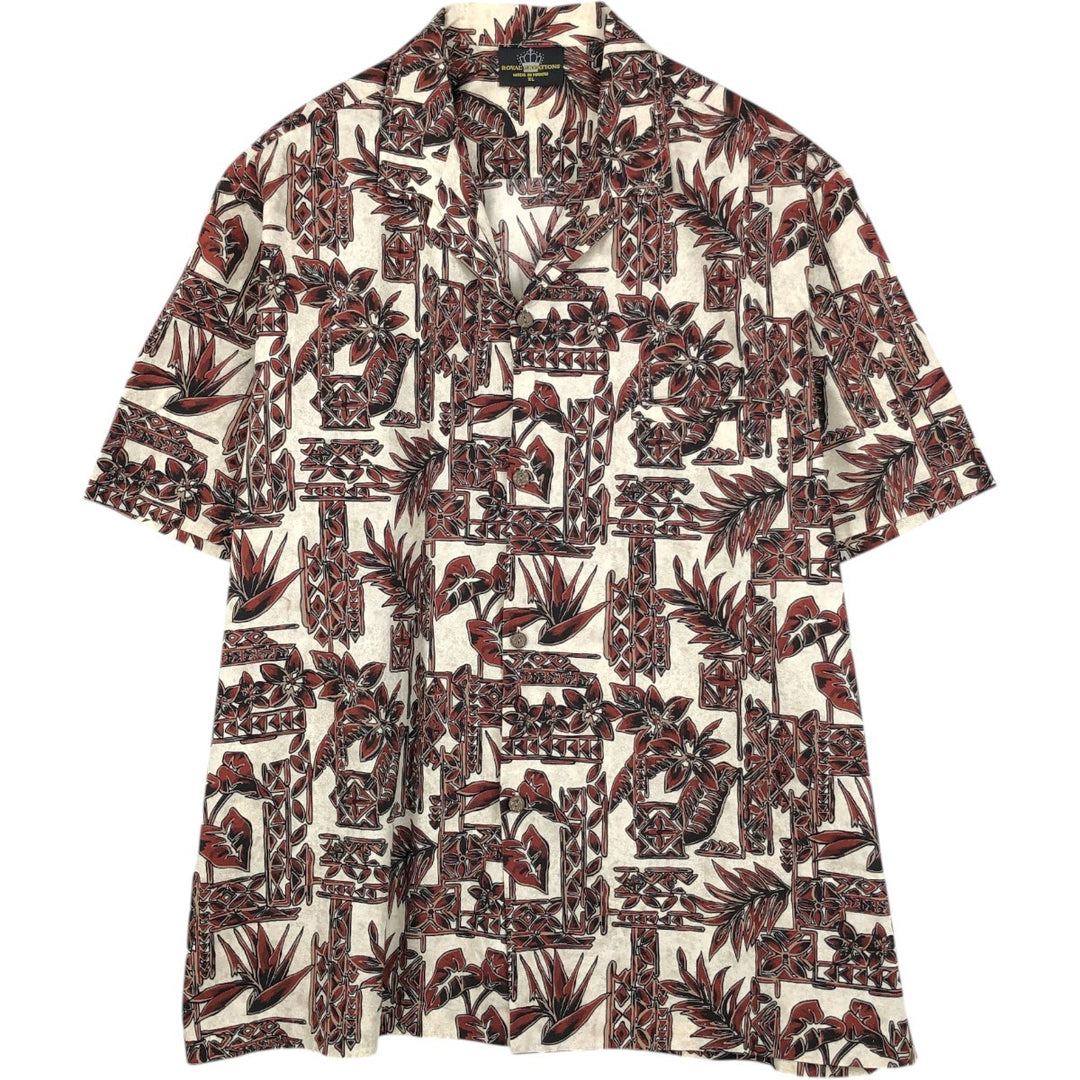 ROYAL CREATIONS All-over Leaf Pattern Open Collar Hawaiian Aloha Shirt, Boxy Shirt, Made in Hawaii, Men's XL Equivalent cotton brown type Vintage Second Hand
