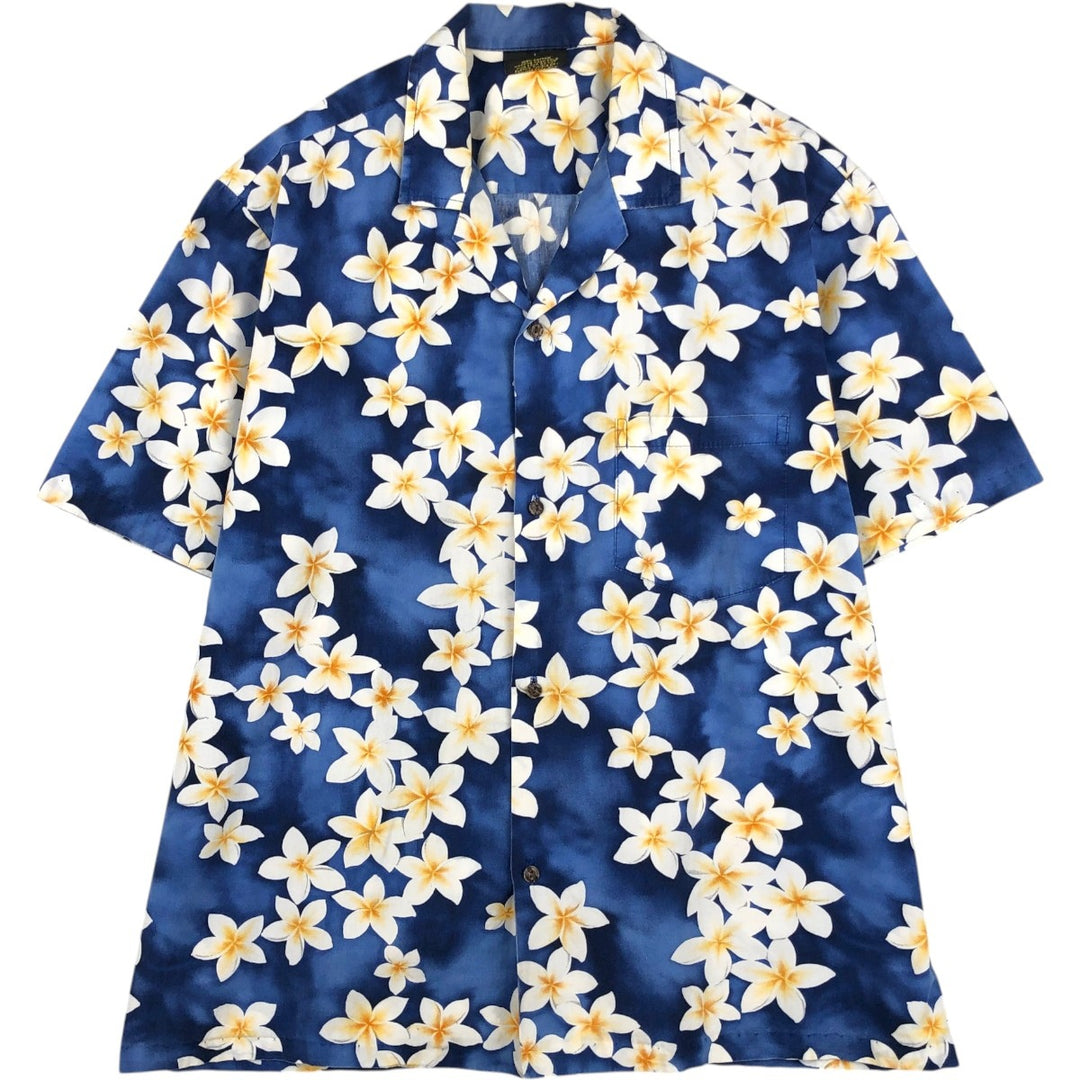 ROYAL CREATIONS All-over Hibiscus Pattern Open Collar Hawaiian Aloha Shirt, Boxy Shirt, Made in Hawaii, Men's XL Equivalent cotton navy blue type Vintage Second Hand