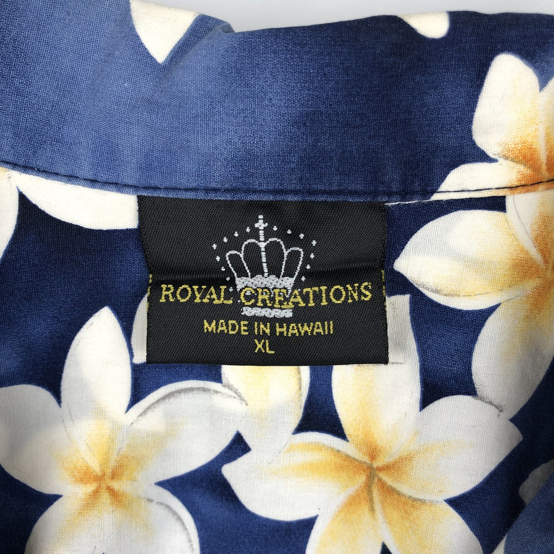 ROYAL CREATIONS All-over Hibiscus Pattern Open Collar Hawaiian Aloha Shirt, Boxy Shirt, Made in Hawaii, Men's XL Equivalent cotton navy blue type Vintage Second Hand
