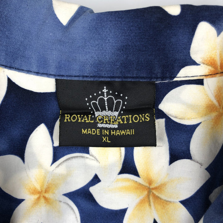 ROYAL CREATIONS All-over Hibiscus Pattern Open Collar Hawaiian Aloha Shirt, Boxy Shirt, Made in Hawaii, Men's XL Equivalent cotton navy blue type Vintage Second Hand