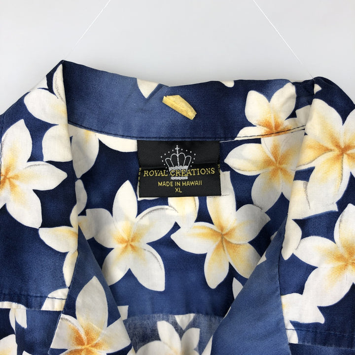 ROYAL CREATIONS All-over Hibiscus Pattern Open Collar Hawaiian Aloha Shirt, Boxy Shirt, Made in Hawaii, Men's XL Equivalent cotton navy blue type Vintage Second Hand