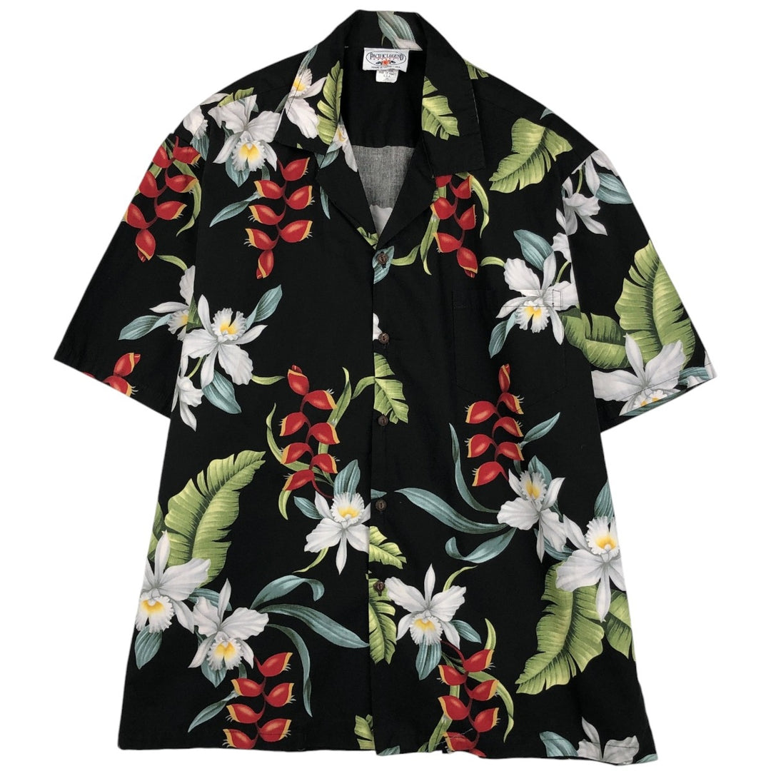 PACIFIC LEGEND All-over Floral Print Open Collar Hawaiian Aloha Shirt, Boxy Shirt, Made in Hawaii, Men's XL Equivalent cotton black type Vintage Second Hand