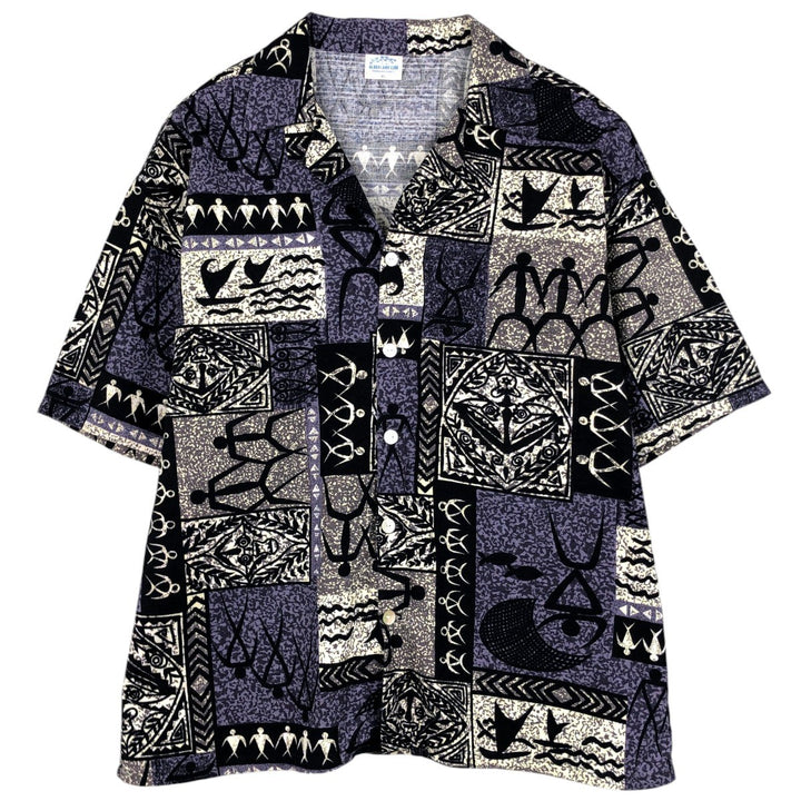 ALOHALAND.COM All-over print open collar Hawaiian Aloha shirt, boxy style, made in USA, men's size XL. cotton purple type Vintage Second Hand