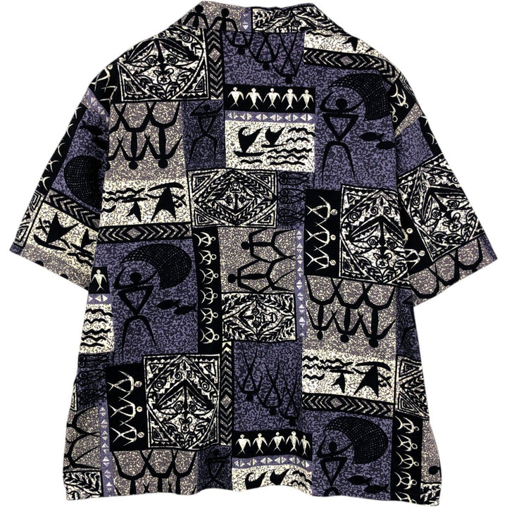 ALOHALAND.COM All-over print open collar Hawaiian Aloha shirt, boxy style, made in USA, men's size XL. cotton purple type Vintage Second Hand
