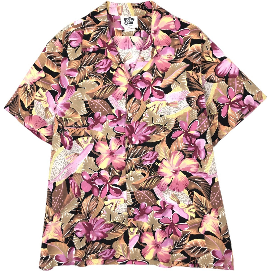 90'S Hilo Hattie all-over hibiscus pattern open-collar Hawaiian aloha shirt, boxy style, made in Hawaii, men's size XL. cotton brown type Vintage Second Hand