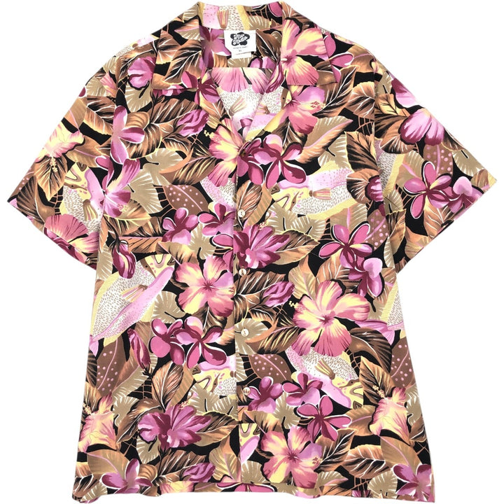 90'S Hilo Hattie all-over hibiscus pattern open-collar Hawaiian aloha shirt, boxy style, made in Hawaii, men's size XL. cotton brown type Vintage Second Hand