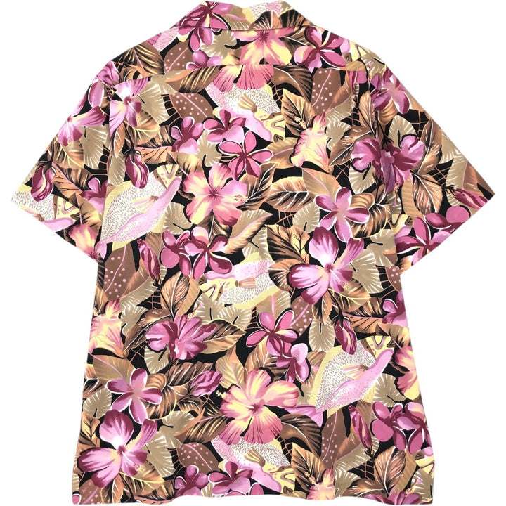 90'S Hilo Hattie all-over hibiscus pattern open-collar Hawaiian aloha shirt, boxy style, made in Hawaii, men's size XL. cotton brown type Vintage Second Hand