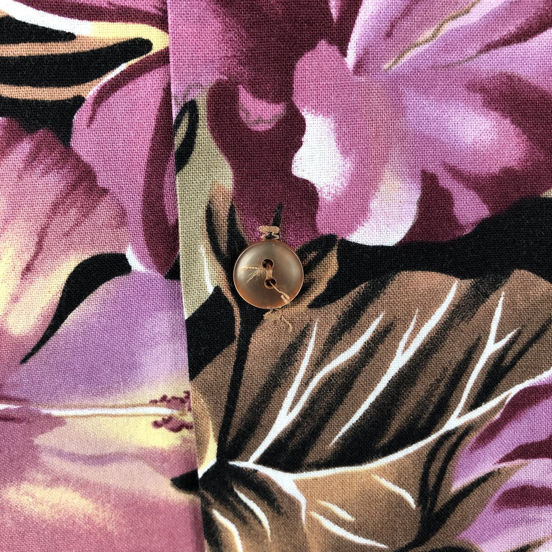 90'S Hilo Hattie all-over hibiscus pattern open-collar Hawaiian aloha shirt, boxy style, made in Hawaii, men's size XL. cotton brown type Vintage Second Hand