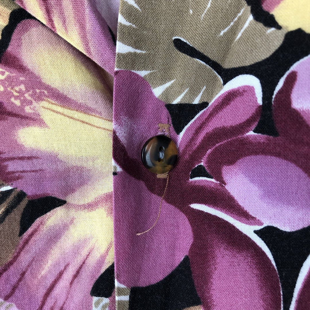 90'S Hilo Hattie all-over hibiscus pattern open-collar Hawaiian aloha shirt, boxy style, made in Hawaii, men's size XL. cotton brown type Vintage Second Hand