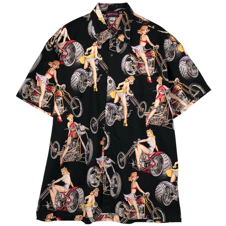 HIGH SEAS Trading Co. Pin-up Girl All-Over Print Hawaiian Aloha Shirt, Boxy Shirt, Made in USA, Men's XL Equivalent, Vintage cotton black type Vintage Second Hand