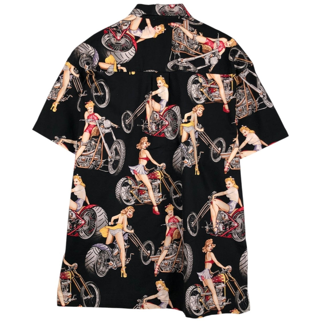 HIGH SEAS Trading Co. Pin-up Girl All-Over Print Hawaiian Aloha Shirt, Boxy Shirt, Made in USA, Men's XL Equivalent, Vintage cotton black type Vintage Second Hand