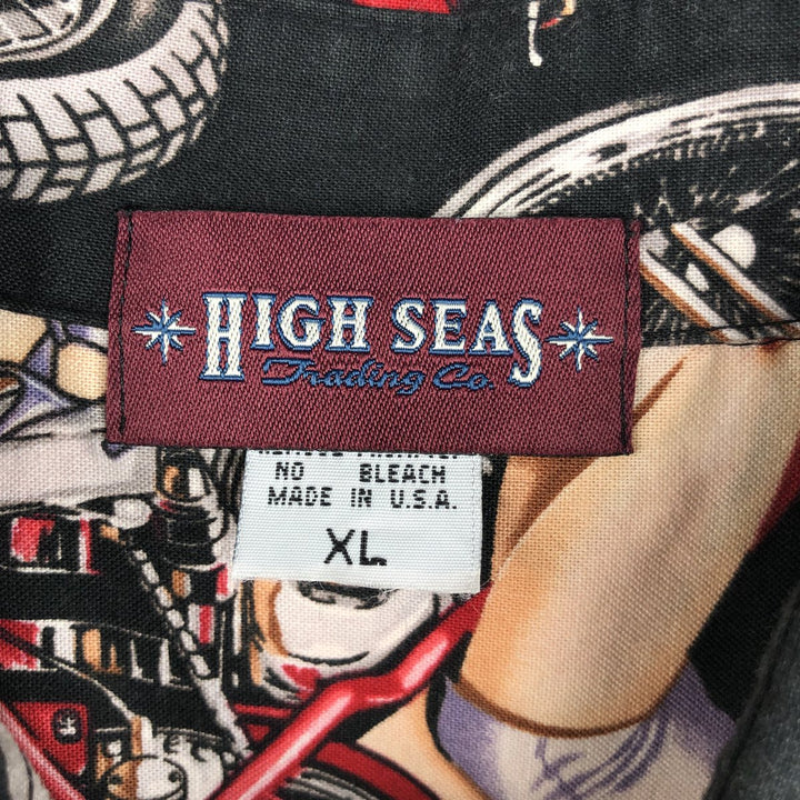 HIGH SEAS Trading Co. Pin-up Girl All-Over Print Hawaiian Aloha Shirt, Boxy Shirt, Made in USA, Men's XL Equivalent, Vintage cotton black type Vintage Second Hand