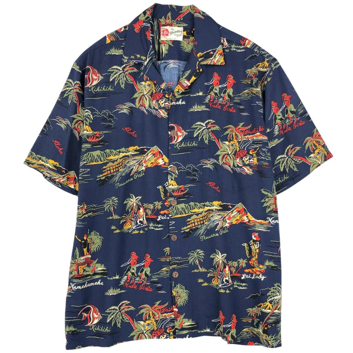 Hilo Hattie All-over print rayon open-collar Hawaiian Aloha shirt, boxy style, made in Hawaii, men's size L equivalent, vintage. Rayon navy blue type Vintage Second Hand