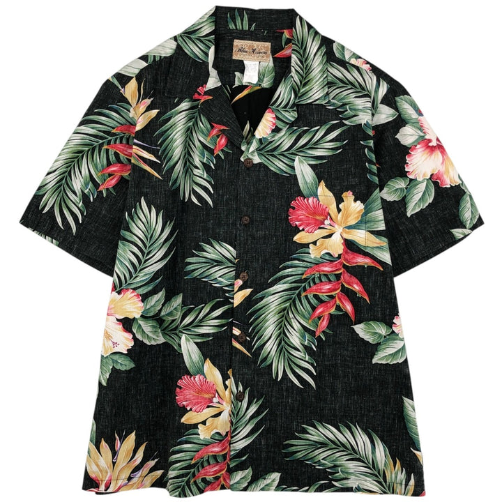 Blue Hawaii All-over Hibiscus Pattern Open Collar Hawaiian Aloha Shirt Box Shirt Made in Hawaii Men's Size L cotton black type Vintage Second Hand