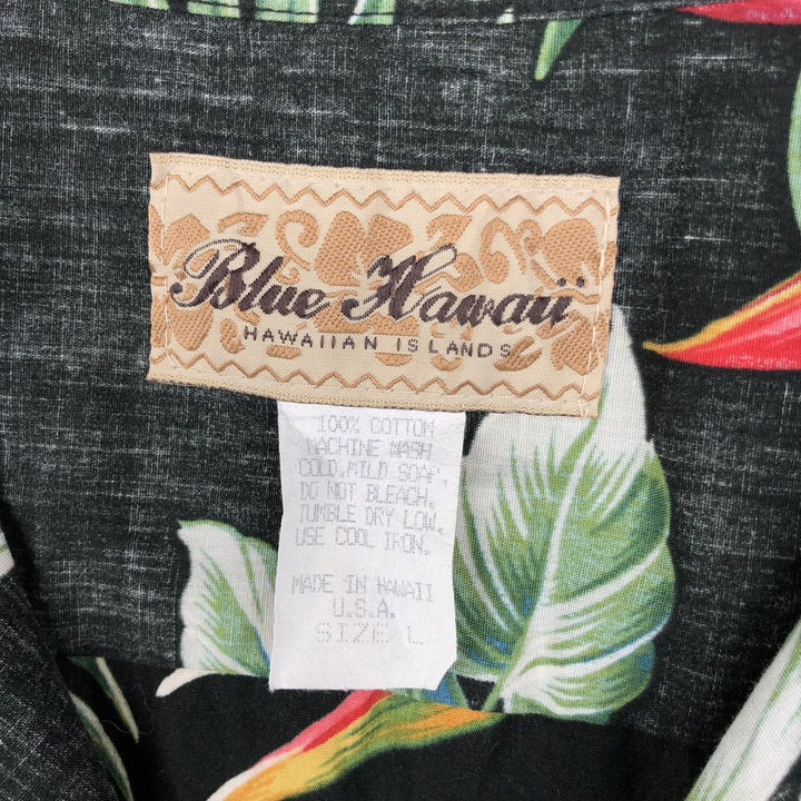 Blue Hawaii All-over Hibiscus Pattern Open Collar Hawaiian Aloha Shirt Box Shirt Made in Hawaii Men's Size L cotton black type Vintage Second Hand