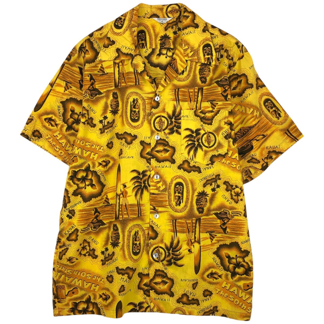 All-over print open-collar Hawaiian Aloha shirt, boxy style, made in Hawaii, men's size XL. cotton yellow type Vintage Second Hand
