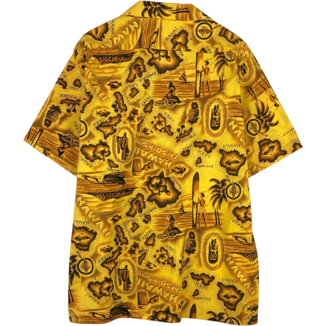 All-over print open-collar Hawaiian Aloha shirt, boxy style, made in Hawaii, men's size XL. cotton yellow type Vintage Second Hand
