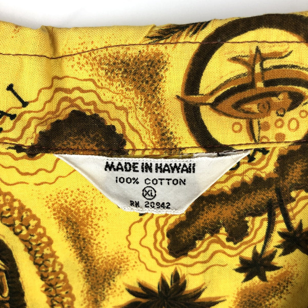 All-over print open-collar Hawaiian Aloha shirt, boxy style, made in Hawaii, men's size XL. cotton yellow type Vintage Second Hand