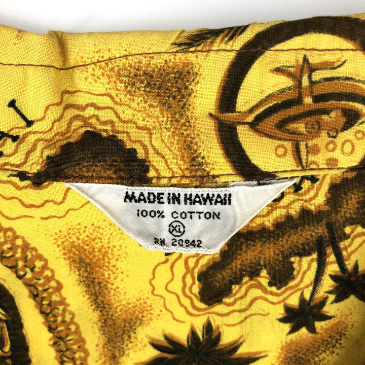 All-over print open-collar Hawaiian Aloha shirt, boxy style, made in Hawaii, men's size XL. cotton yellow type Vintage Second Hand