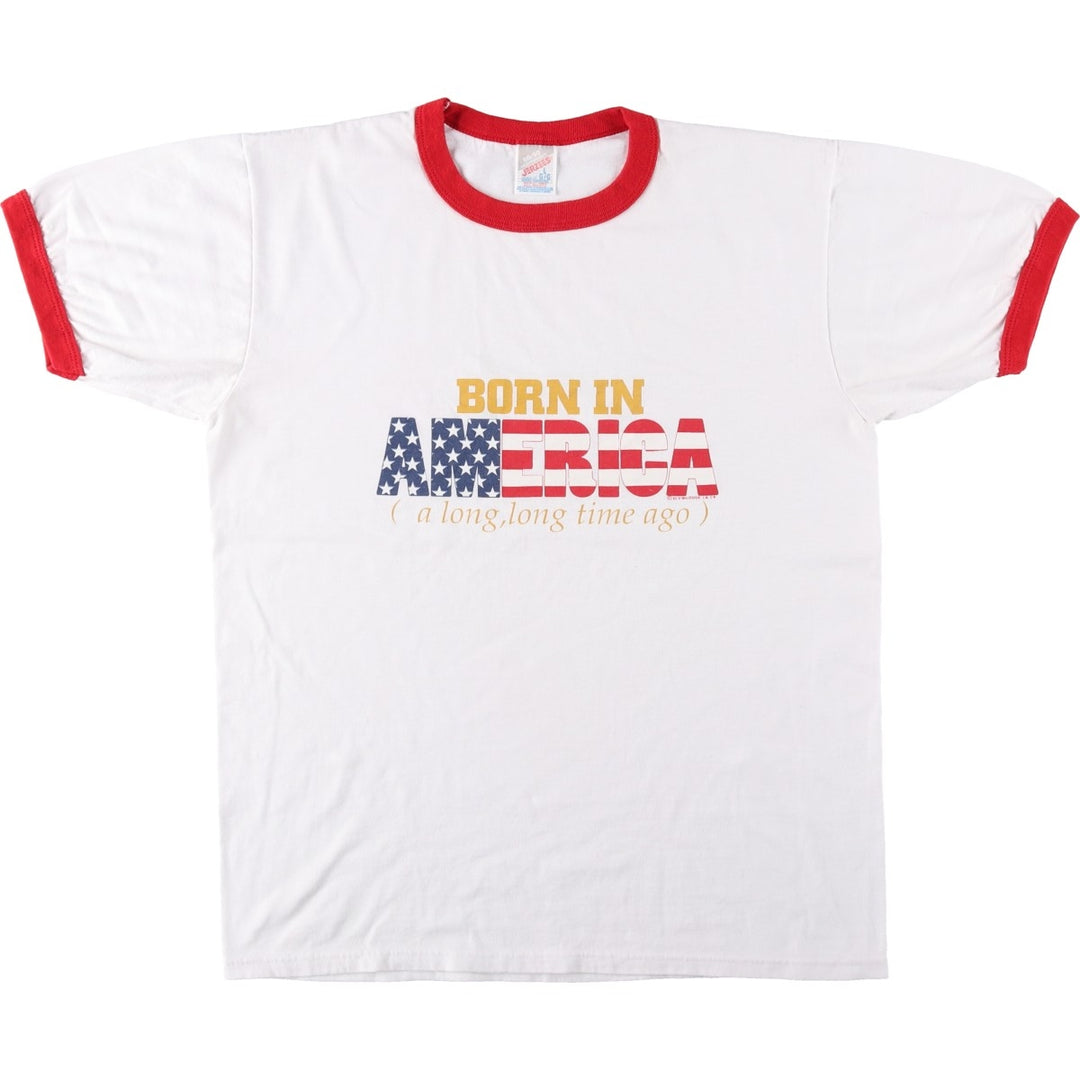 80s-90'S Jerzees American flag ringer t-shirt, made in USA, men's size L equivalent, vintage. cotton white type Vintage Second Hand