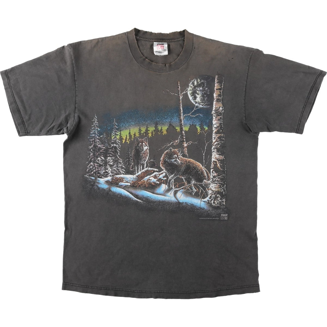 Stand OUT Wolf Pattern Animal T-Shirt, Made in USA, Men's XL equivalent. cotton Charcoal Vintage Second Hand
